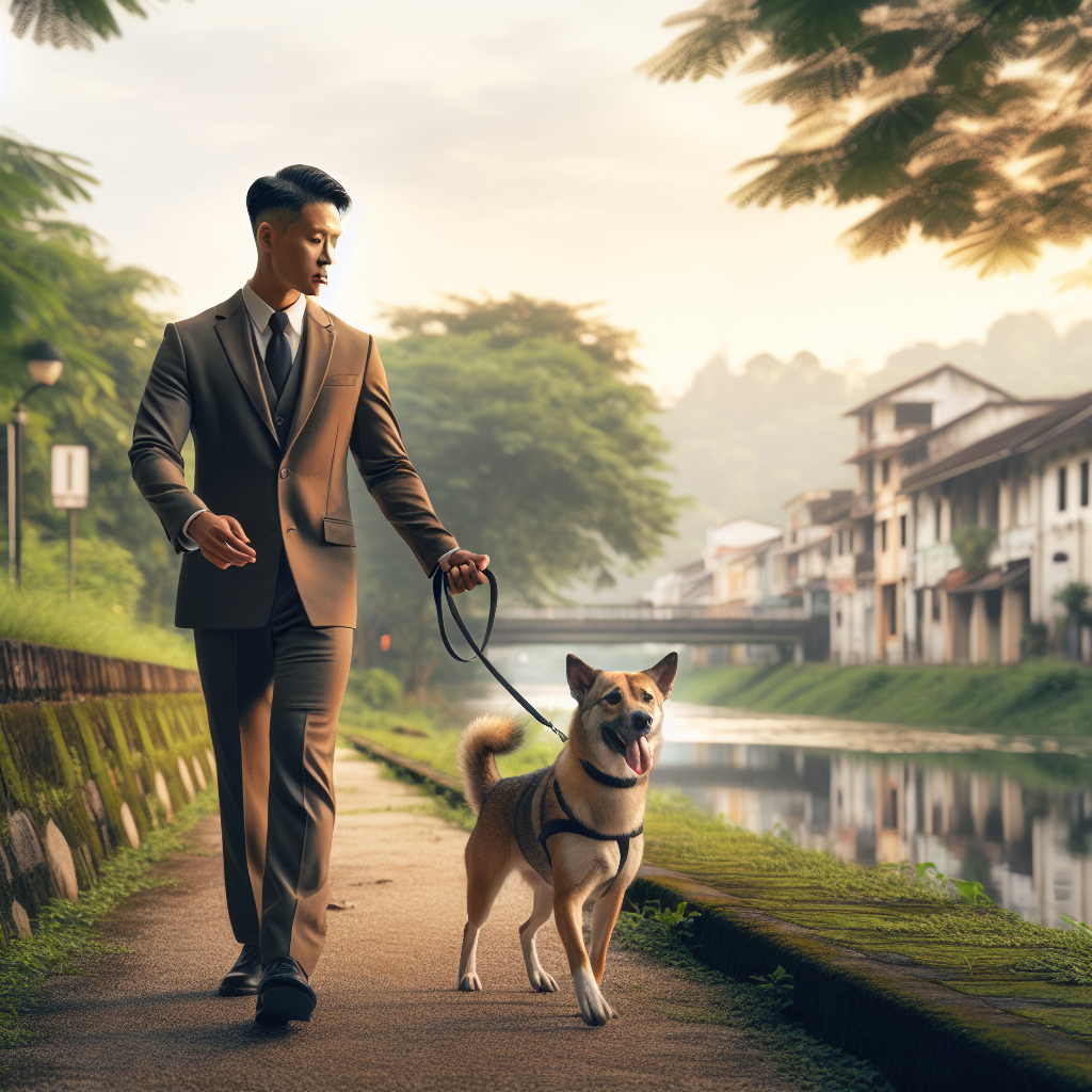Trainer practising loose-lead walking with a dog on a riverside path in Castleford at sunset