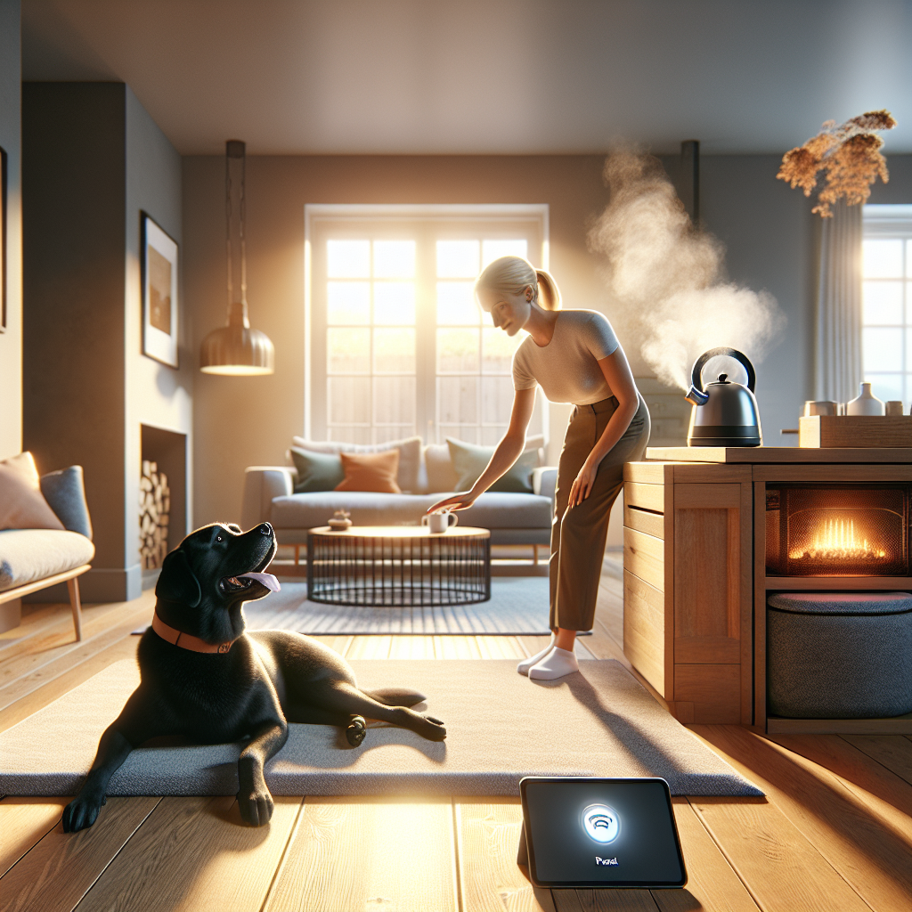 UK trainer teaching a Labrador to hold place in a modern living room during home obedience practice
