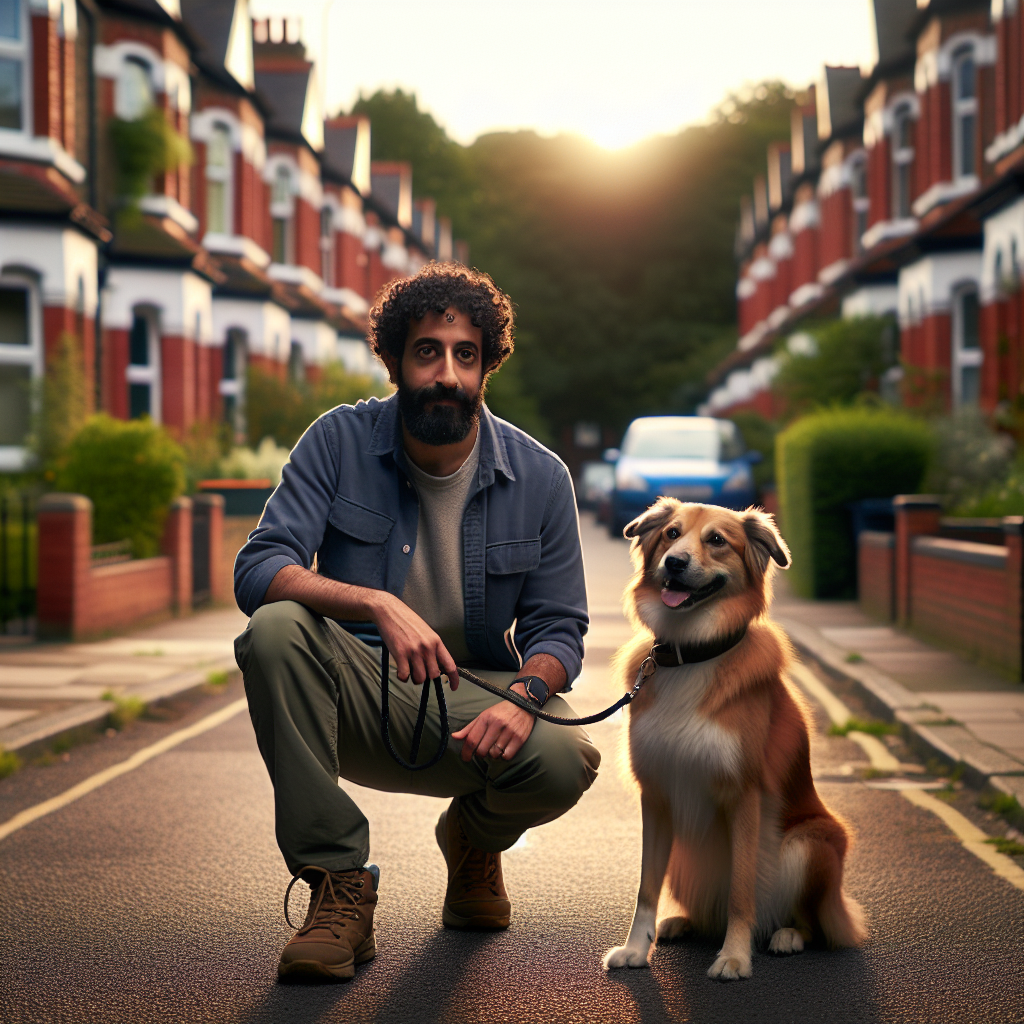 Trainer practising heel and recall with a mixed-breed dog on a leafy suburban street in Hounslow