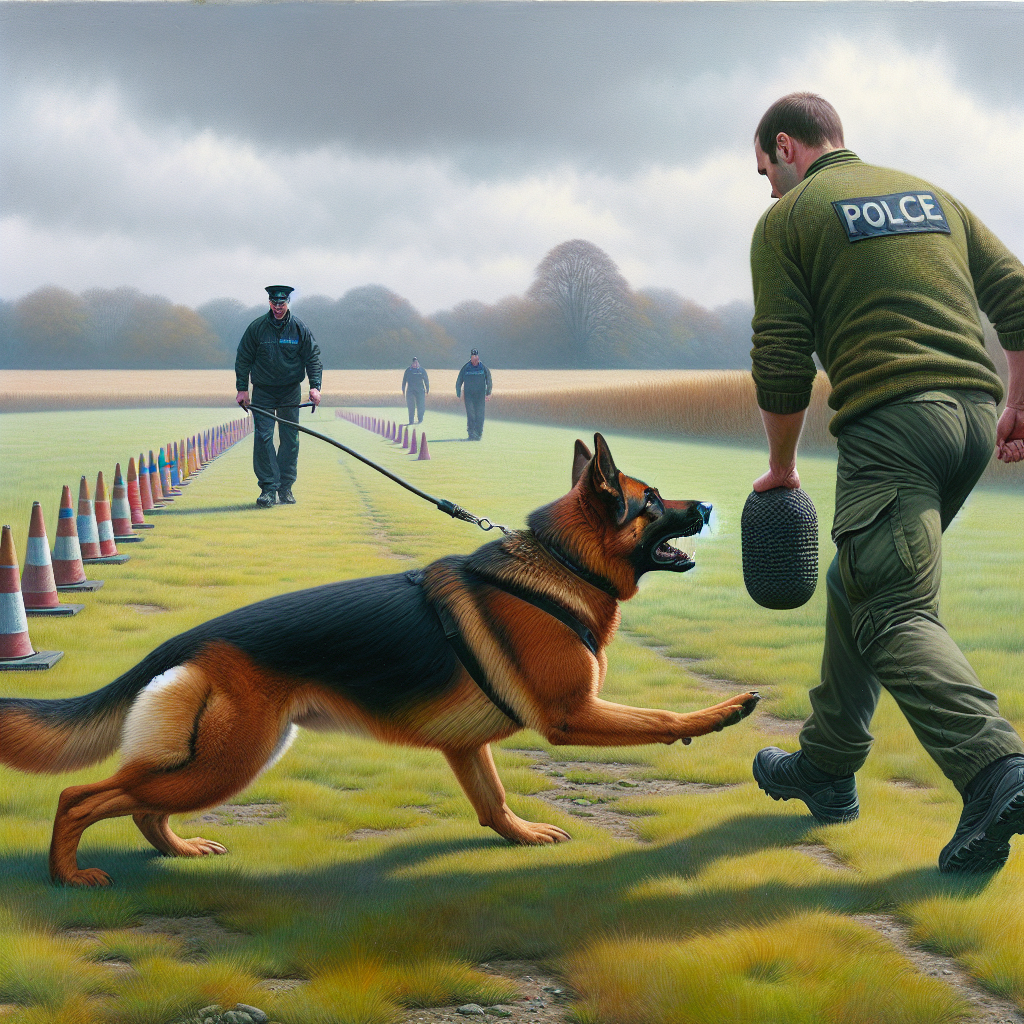 Dog performing a clean sleeve entry toward a helper with cones marking a straight approach on a UK field