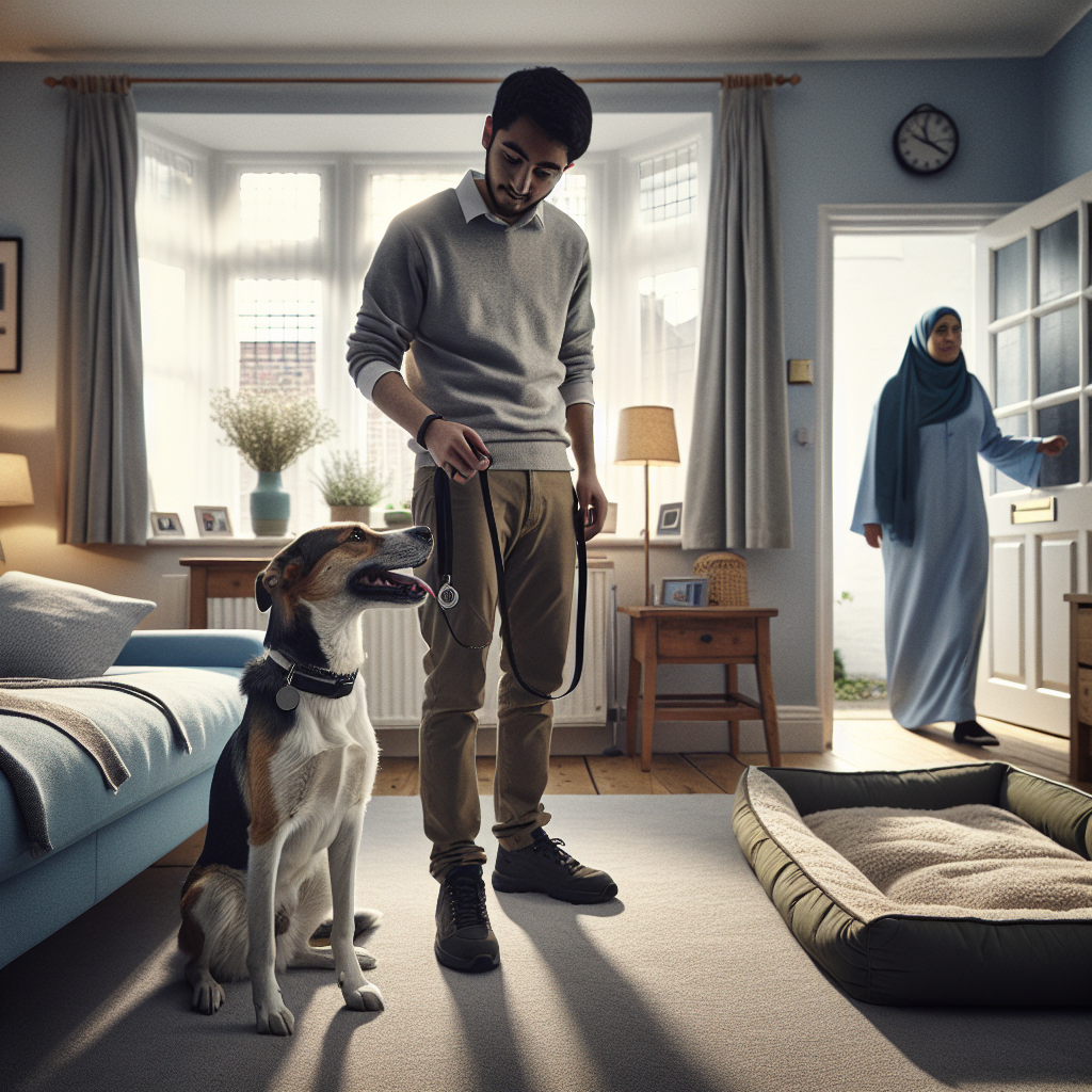 Trainer guides a dog to relax on a bed while the owner practises short exits at home