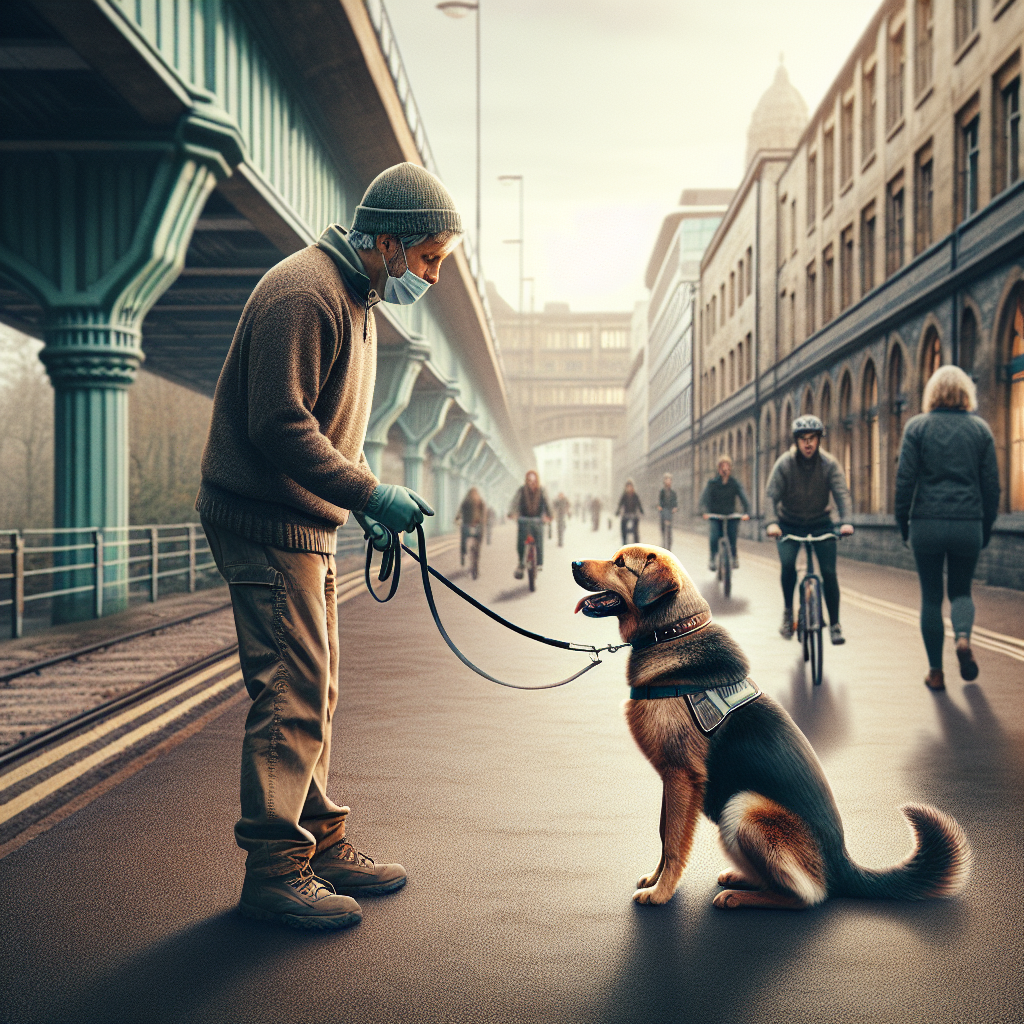 Smart Master Dog Trainer teaching loose-lead walking and sit-stay on a leafy Bristol urban path