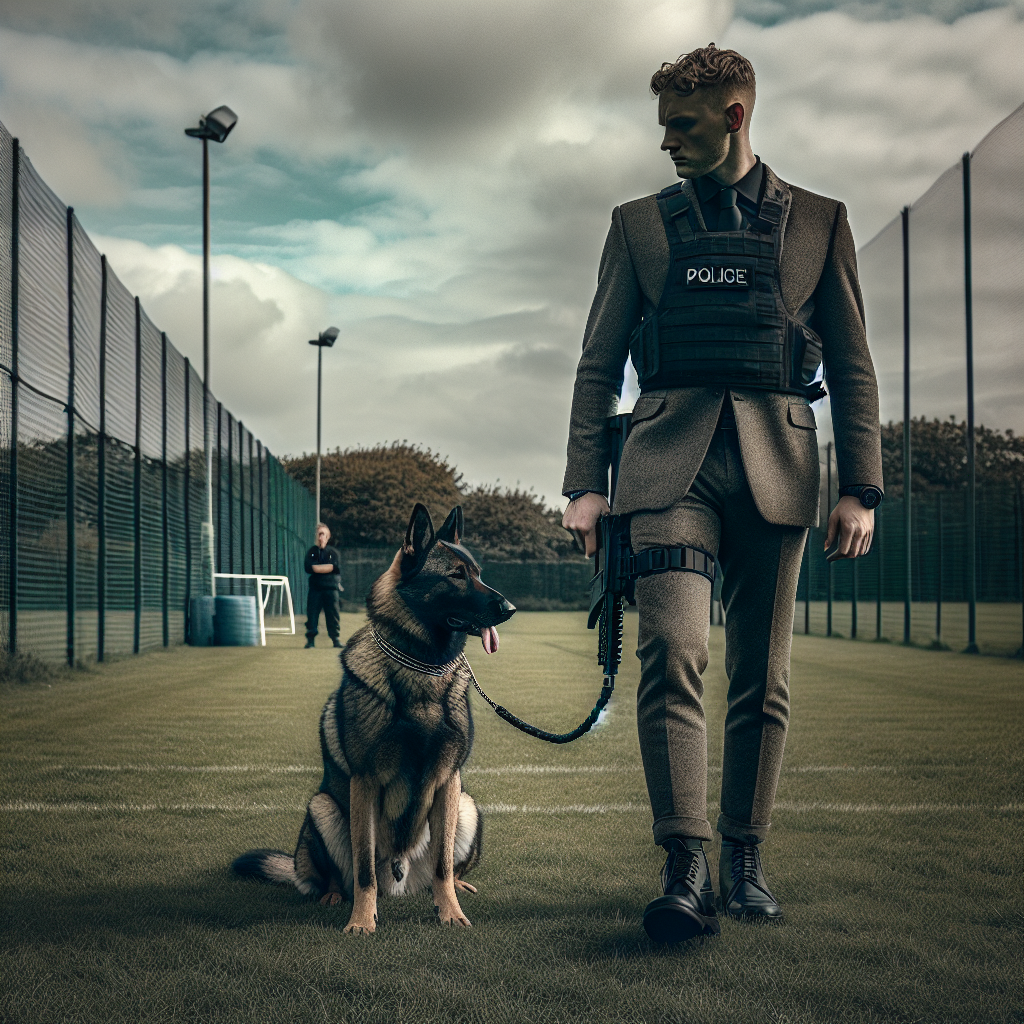 Protection dog and trainer rehearsing a calm ring re-entry with a neutral helper in the background