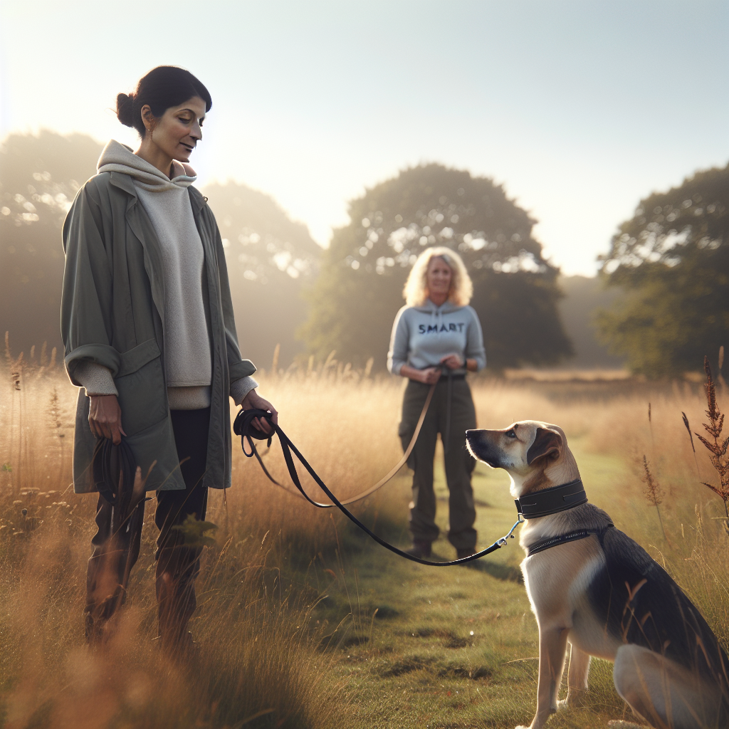 Trainer guiding a dog from long line to off lead with a fast recall in a UK meadow