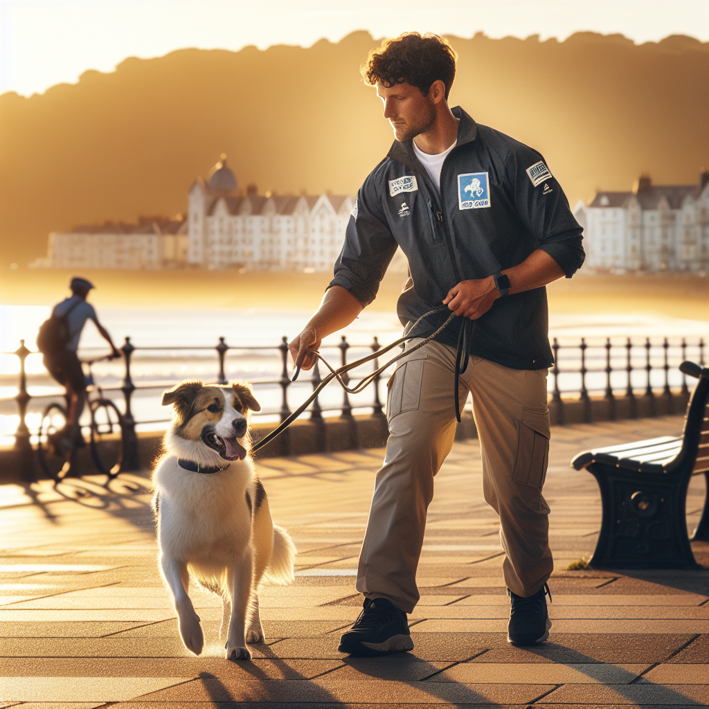 Trainer practising recall and loose-lead walking with a mixed-breed dog beside a UK coastal promenade