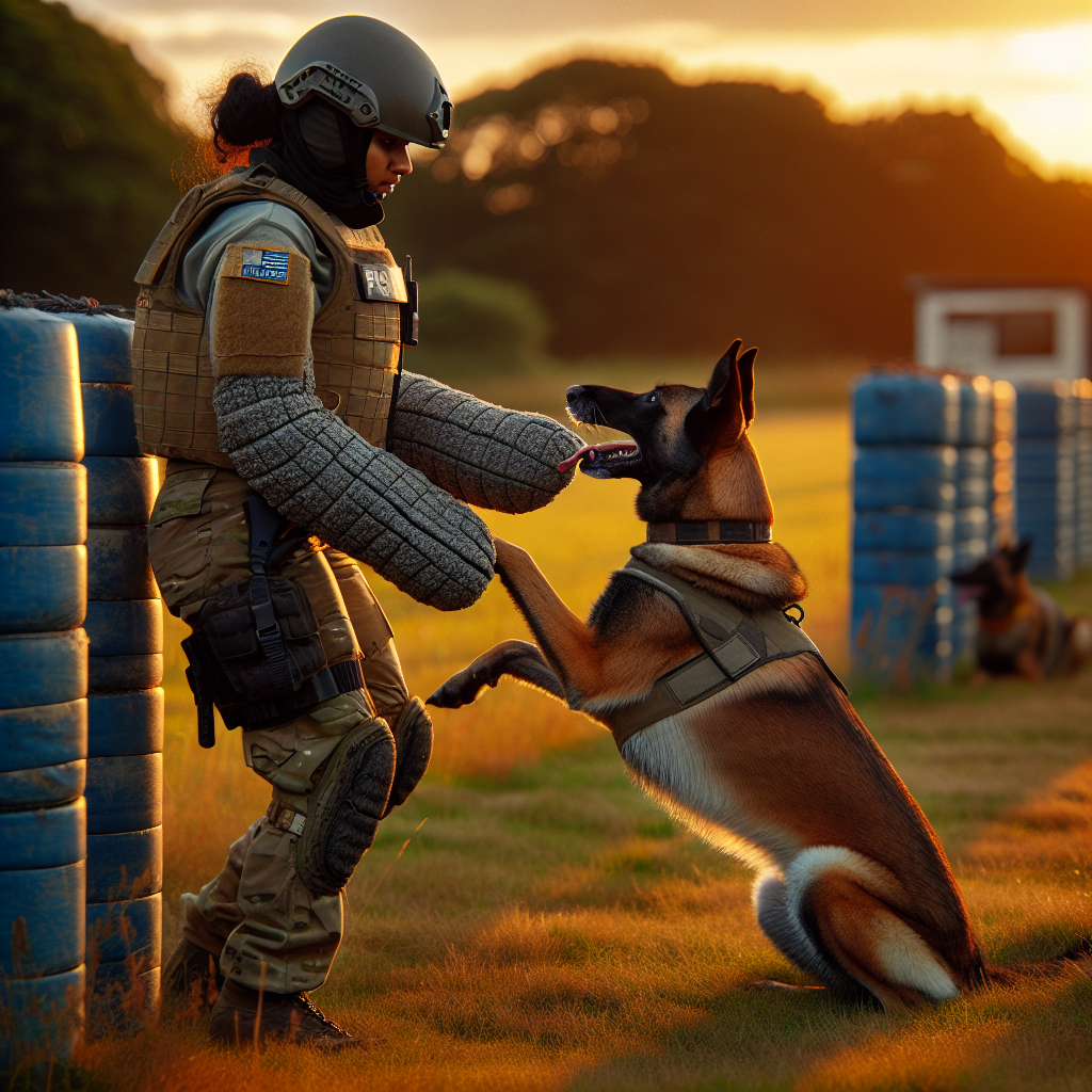 IGP neutral helper working a Malinois in a UK field with handler observing near a blind