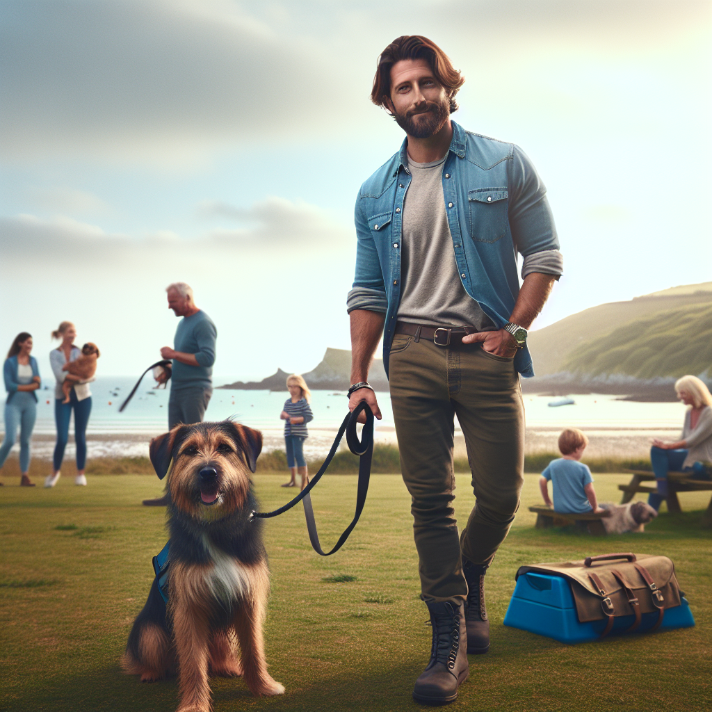 UK trainer practising loose lead walking and recall with a mixed breed dog in a coastal town green
