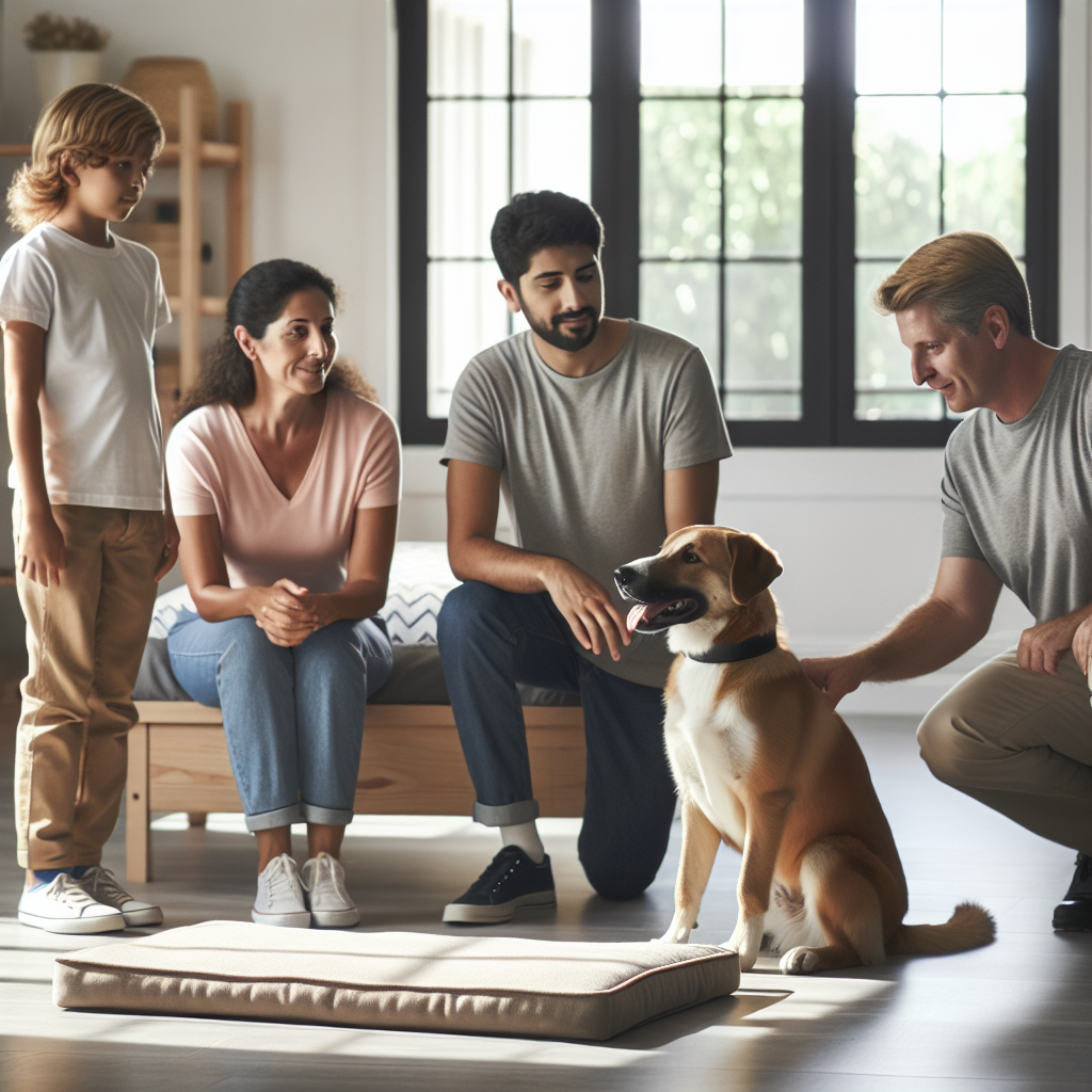 SMDT coaching a family to reset training after time off with a dog on a Place bed at home