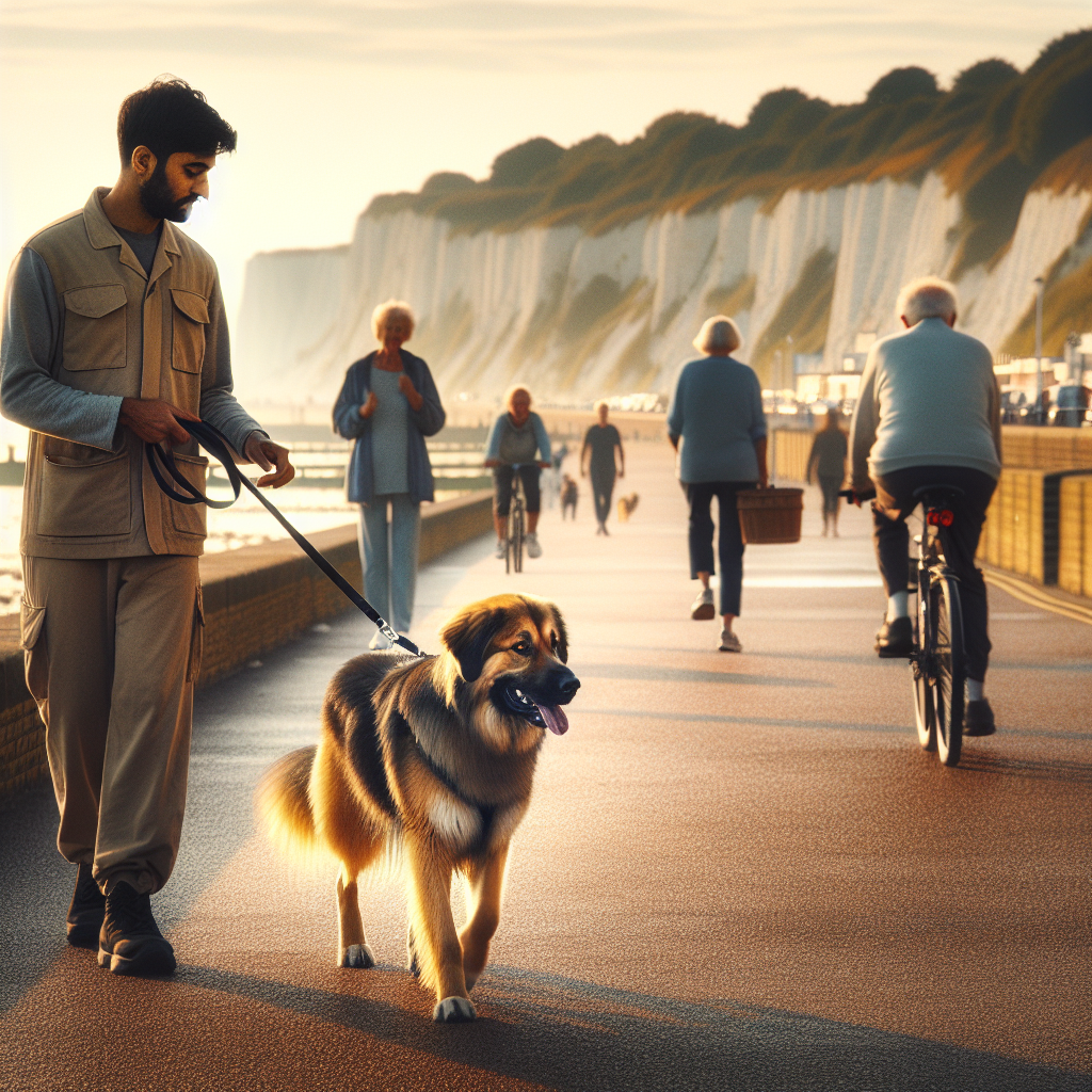 Trainer and dog practising loose lead walking with focus on a Ramsgate seaside promenade at sunset