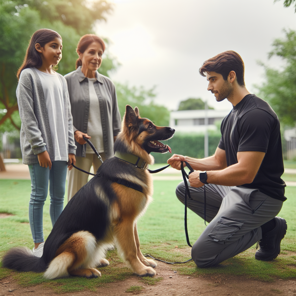 Smart trainer teaching positive and negative dog training with a German Shepherd on a loose lead in a UK park