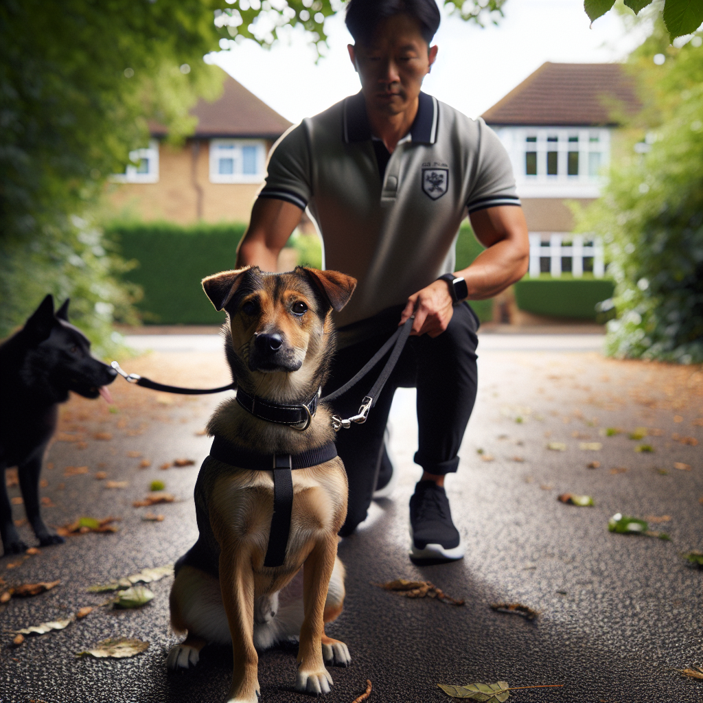 Trainer practising loose lead walking and a sit stay with a mixed breed dog on a leafy suburban path in Hemel Hempstead