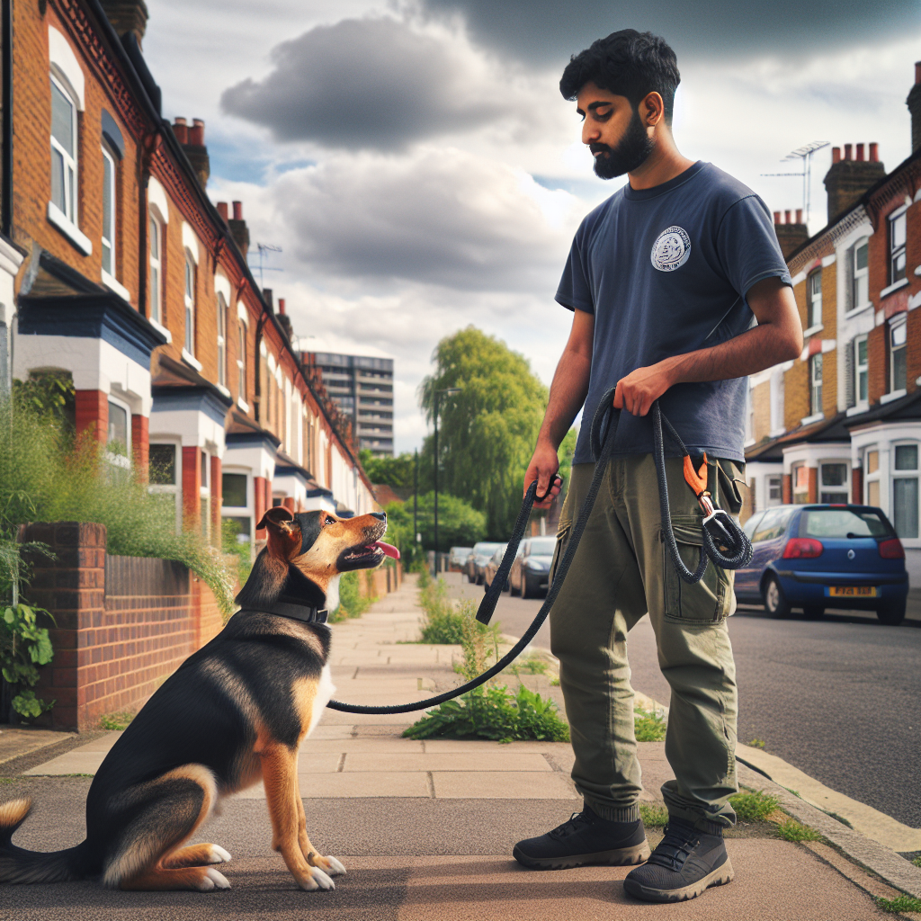 Smart Master Dog Trainer practising loose leash heel with a mixed breed dog on a residential street in Slough