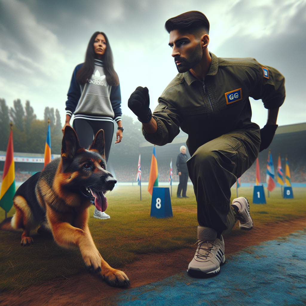 IGP dog and handler practising precise heeling on a UK field with a helper in the distance