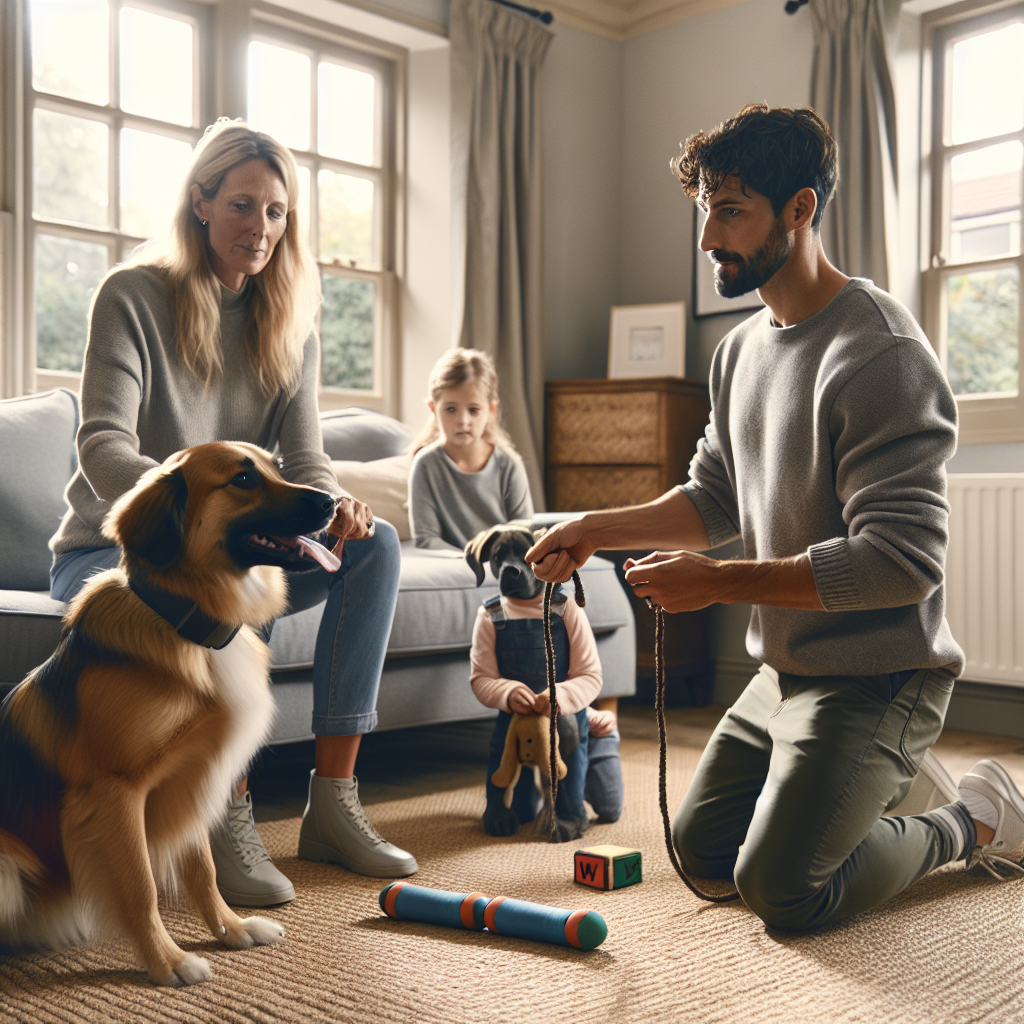 Trainer coaching a family to add calm boundaries during tug play with their dog in a UK home