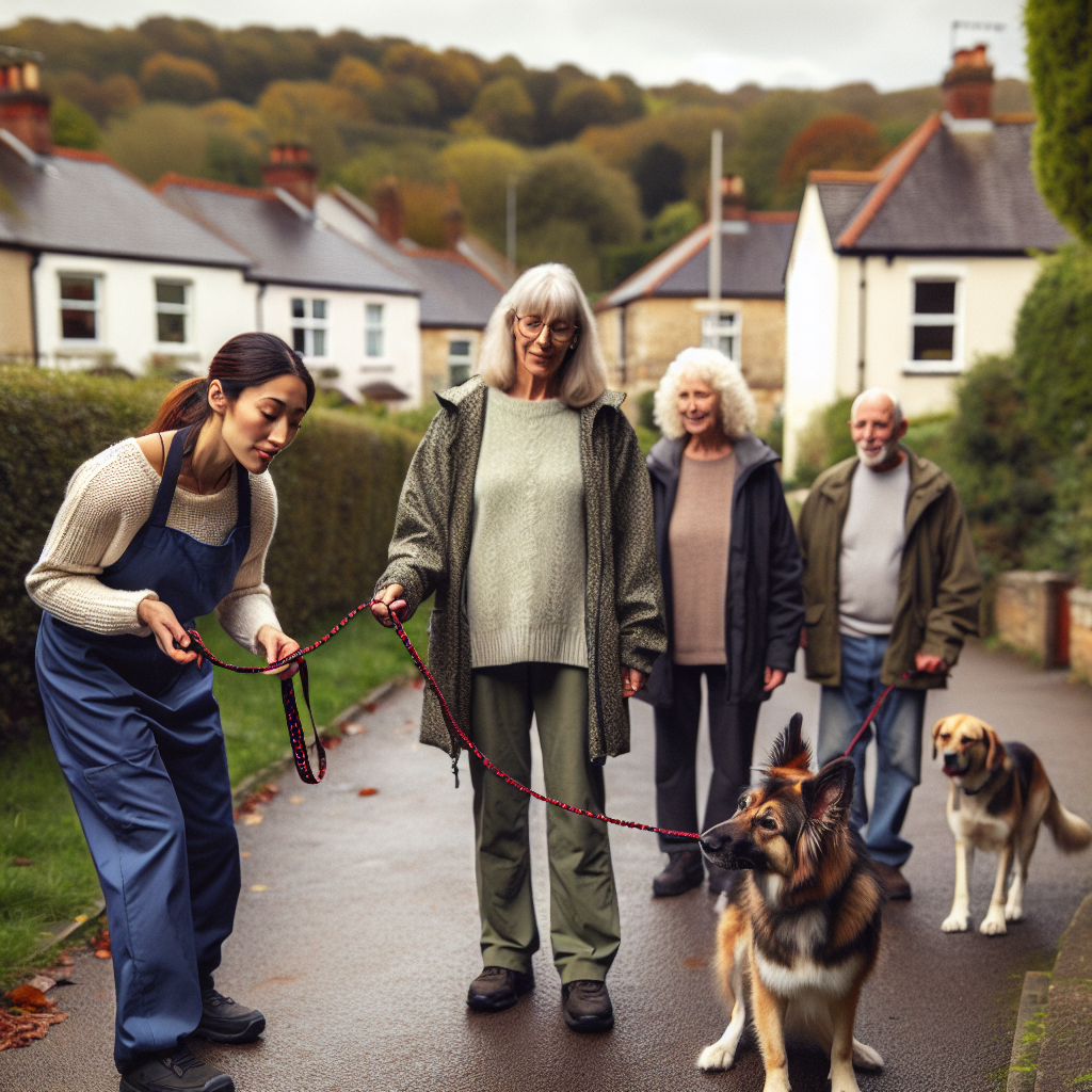 SMDT trainer guiding a family and their dog on lead walking and recall in a leafy Yeovil street and green space