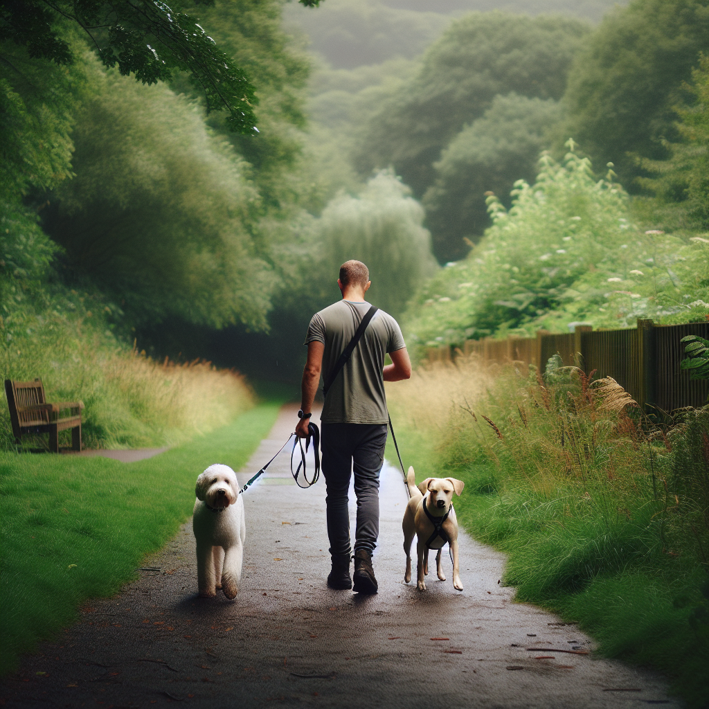 Smart trainer guiding two dogs on a calm parallel walk in a UK park
