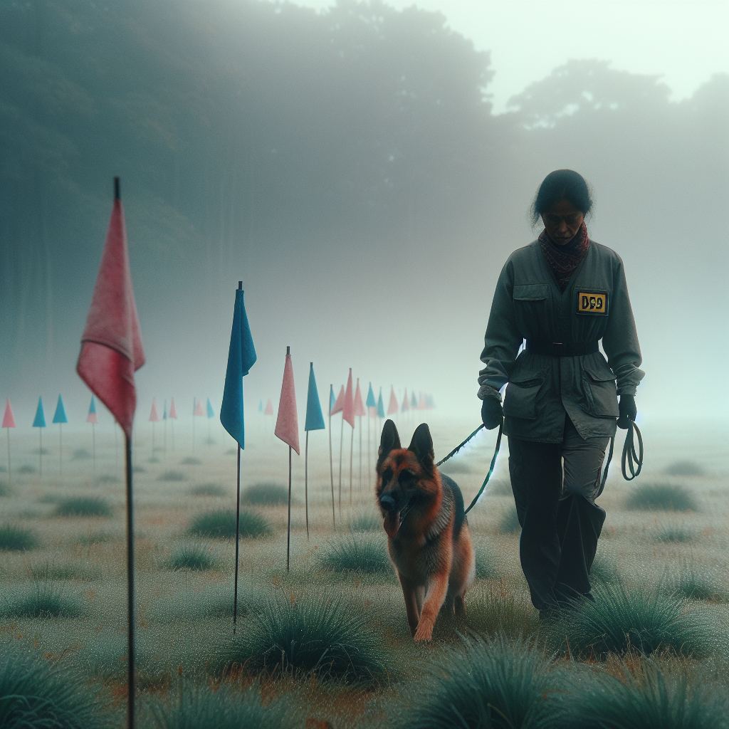 Smart trainer guiding a German Shepherd through structured tracking in a UK field at dawn