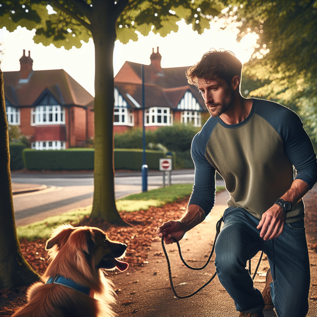 Trainer practising heel and recall with a mixed breed dog on a leafy Wellingborough path