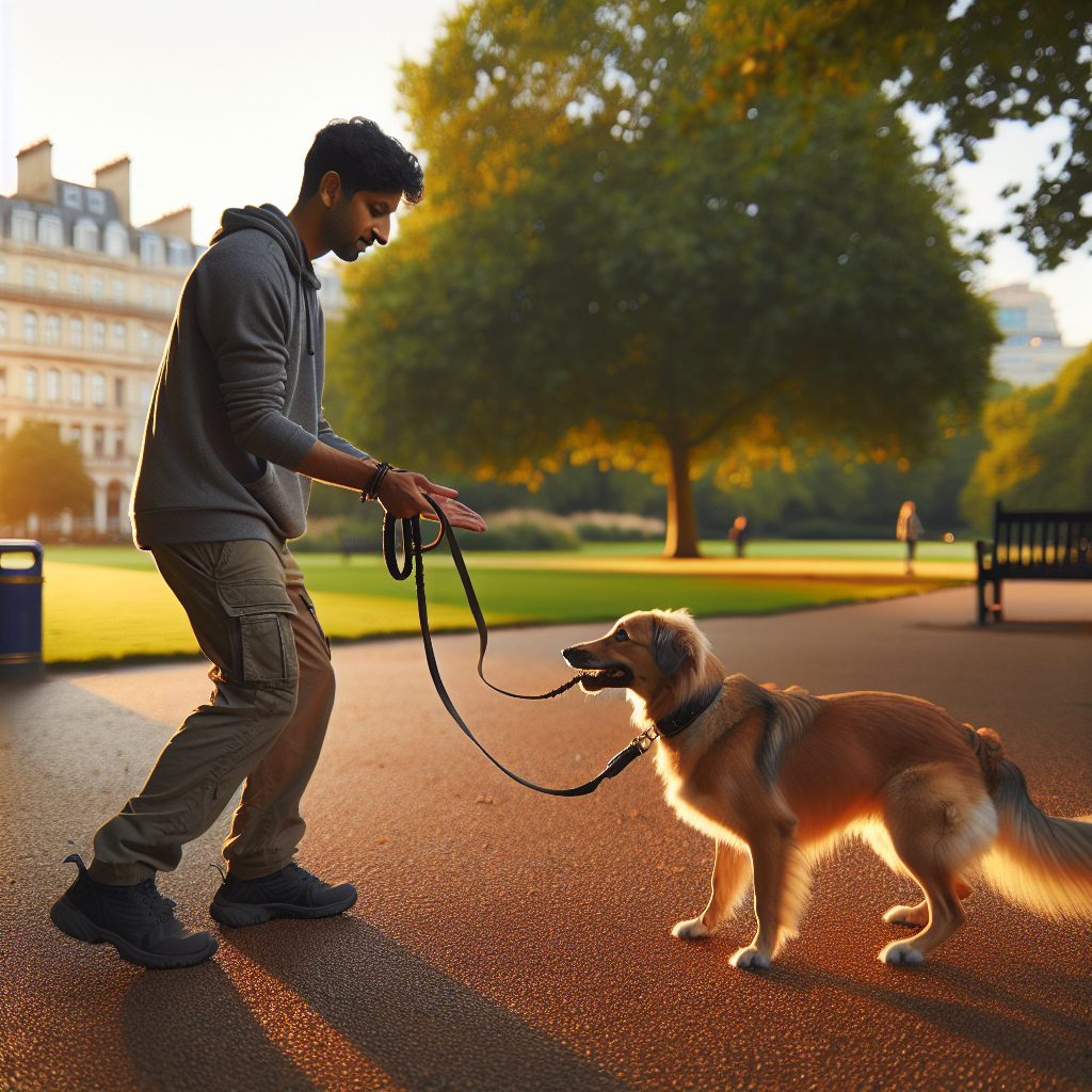 Trainer guiding a reactive dog with loose lead, managing distance and rewarding focus in a UK park