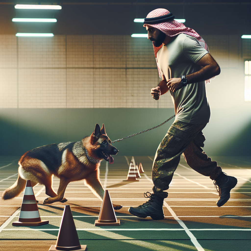 UK trainer and German Shepherd practising precise footwork turns on a cone grid indoors