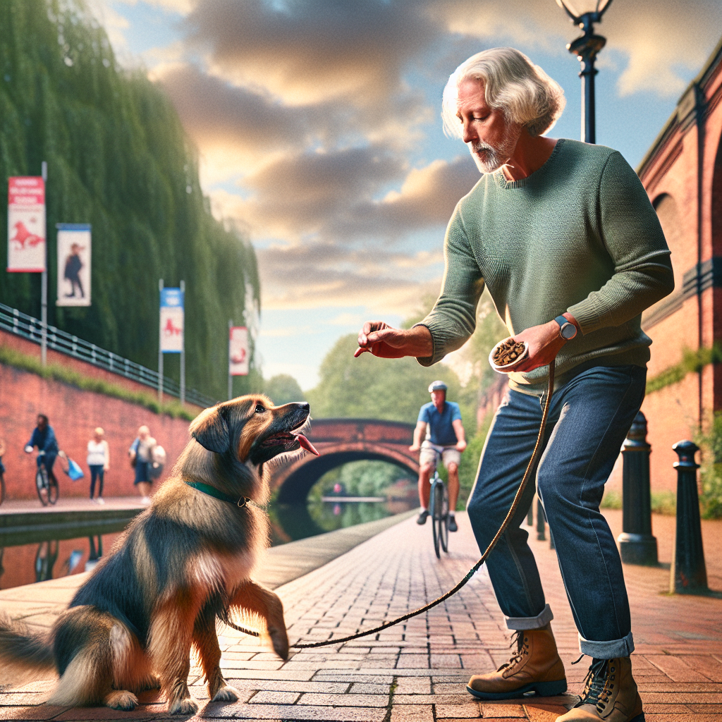 Trainer practising heel and place with a focused dog in a Birmingham urban park beside a canal
