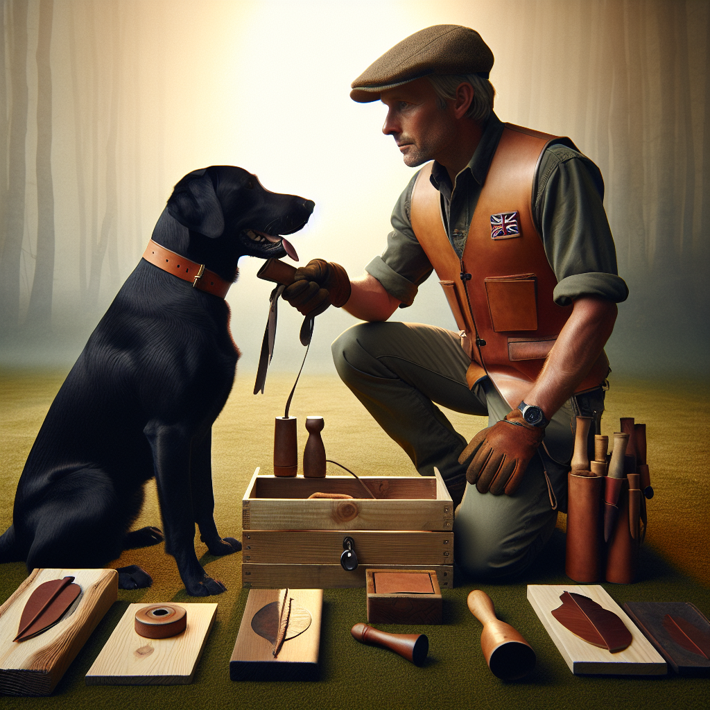 UK trainer coaching a working dog to indicate a leather scent article among neutral pieces on grass