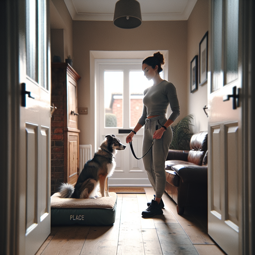 Trainer guiding a dog onto a Place bed to settle after a walk in a calm UK home