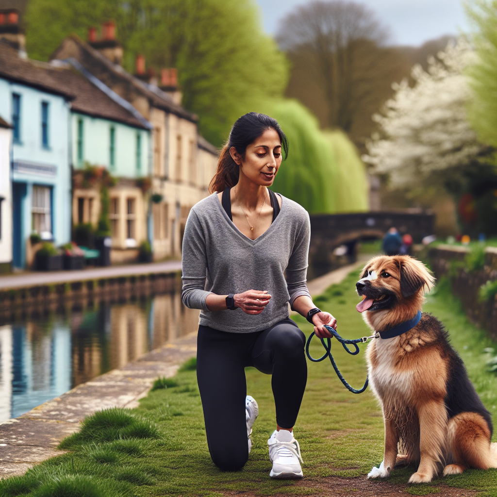 Smart trainer practising loose lead and recall with a mixed breed dog beside a UK canal path in Warwick