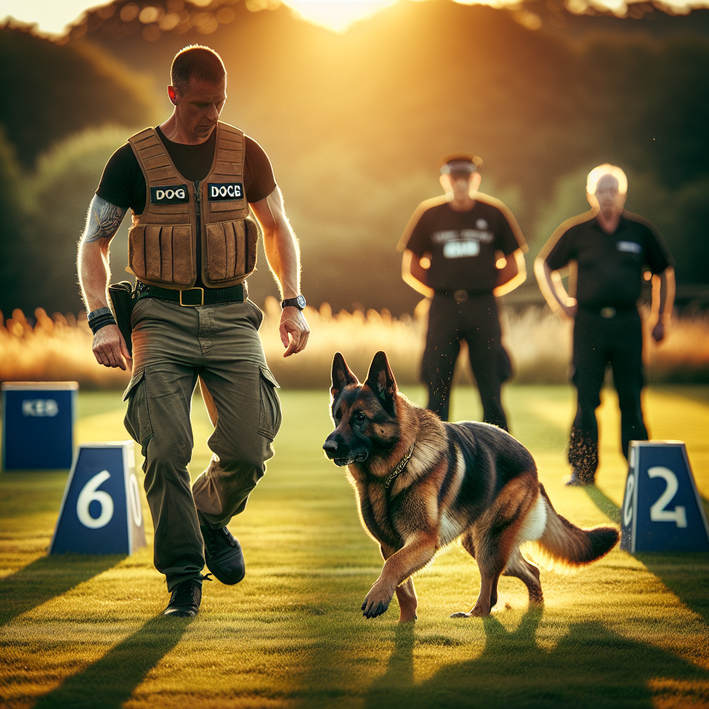 German Shepherd finishing a precise return to heel beside a handler despite field distractions in a UK IGP setting