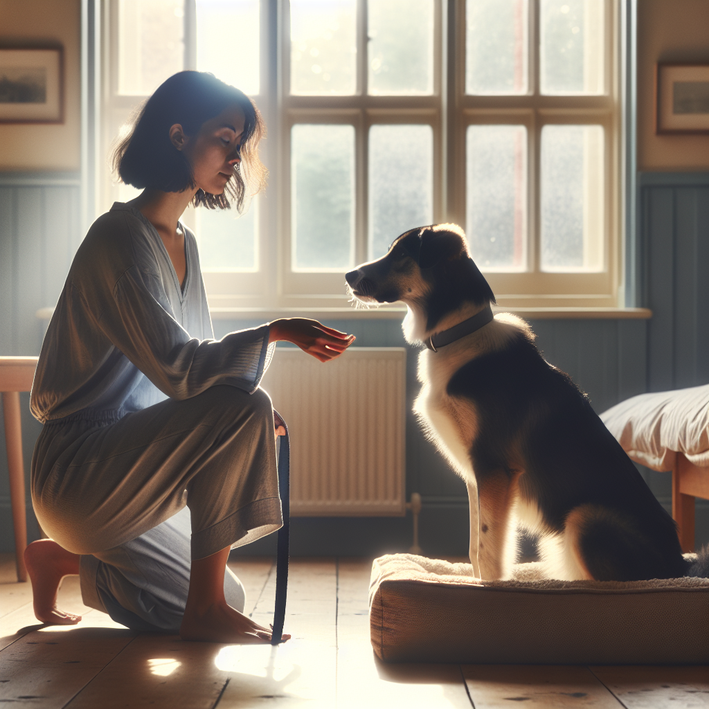 Trainer guiding a sensitive mixed breed dog onto a place bed in a calm UK home setting