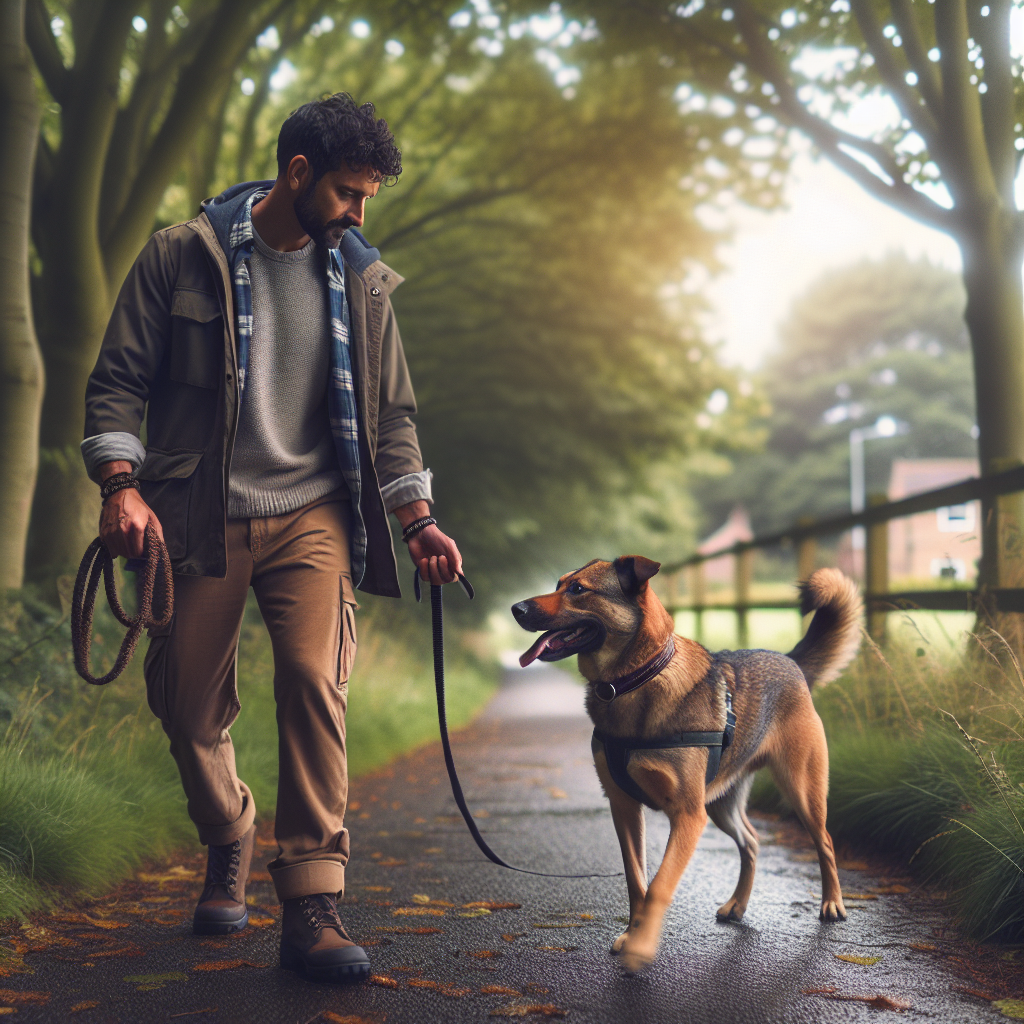 Trainer practising loose lead walking and calm sit with a mixed-breed dog on a leafy path in Doncaster