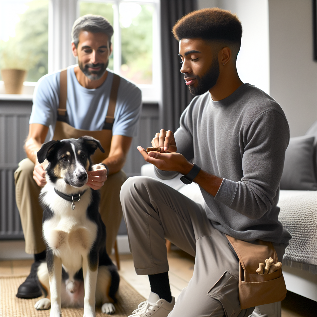 Trainer coaching owner to hand feed a polite sitting dog indoors with calm, safe food delivery