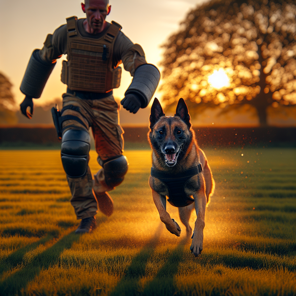 Malinois working a controlled bite on a helper sleeve with a Smart trainer coaching on a UK field