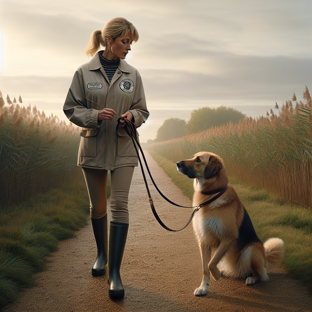Trainer and dog practising loose lead walking on a fenland path near Wisbech