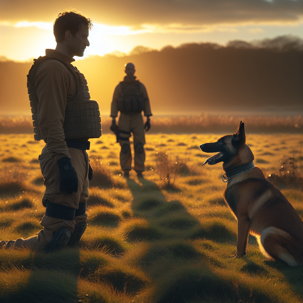 Handler and Malinois practising calm neutrality near a decoy in a bite suit on a UK training field