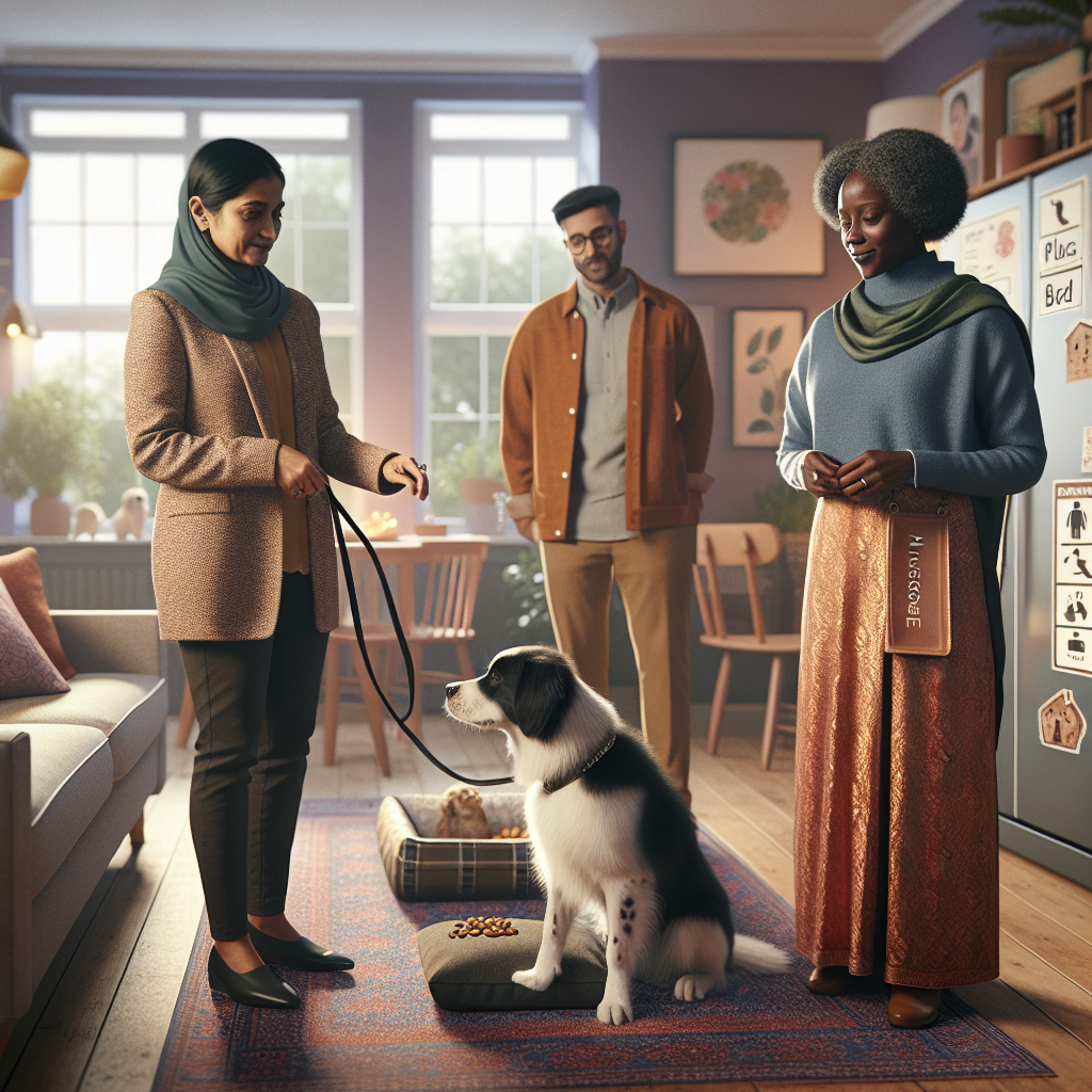 Smart trainer coaching a family to guide their dog to Place for consistent house rules