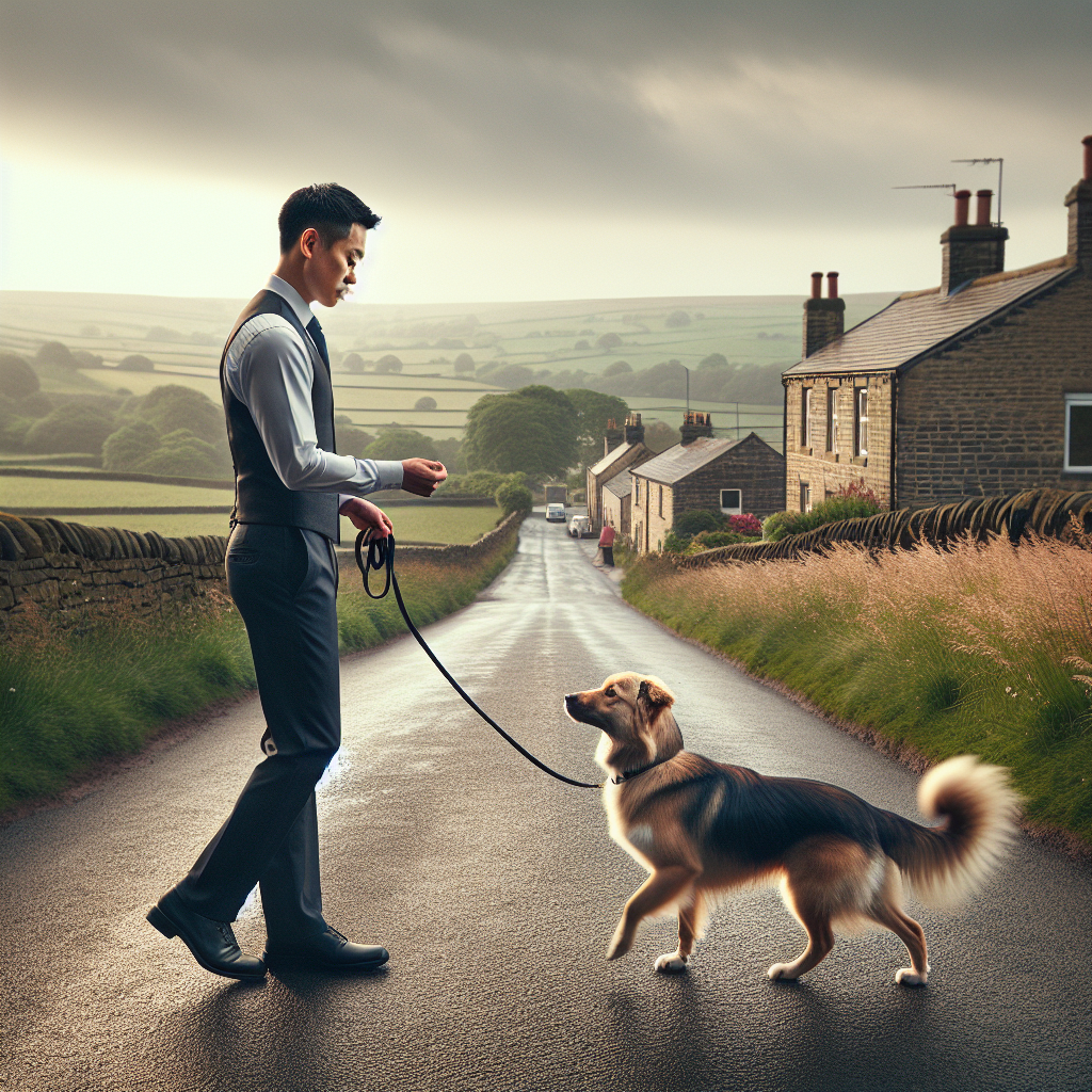Trainer guiding a mixed breed dog on loose lead and recall along a village pavement near open fields