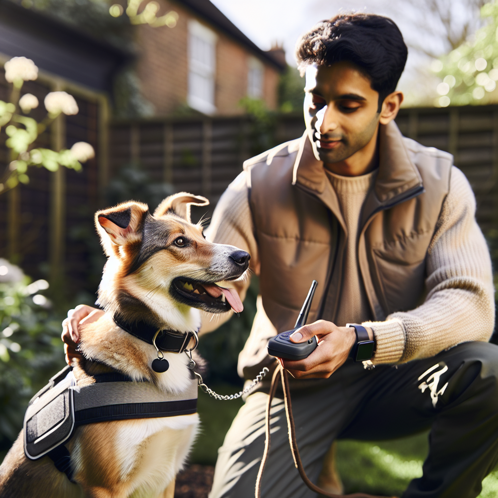 Smart trainer guiding a recall with a dog wearing a remote training collar in a UK garden