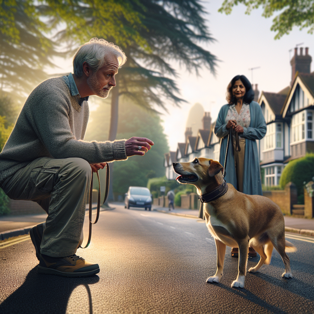 Trainer coaching loose lead walking with a family dog on a leafy Oxted street