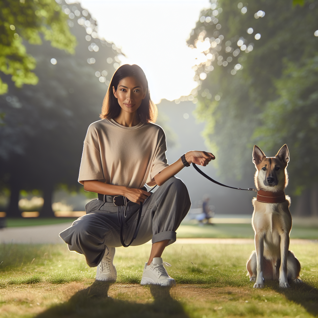 Smart trainer guiding a dog on a calm loose lead walk in a UK park