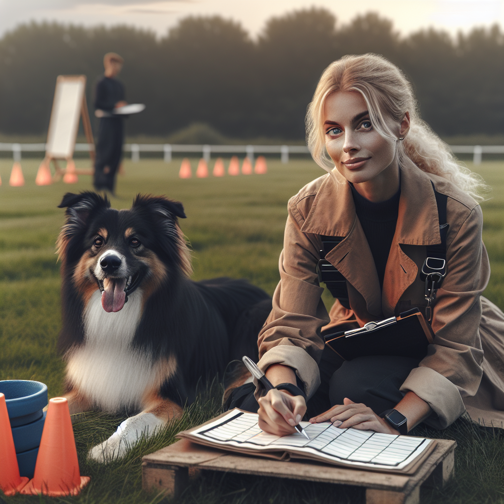 IGP handler with working dog reviewing a training workbook on a UK field