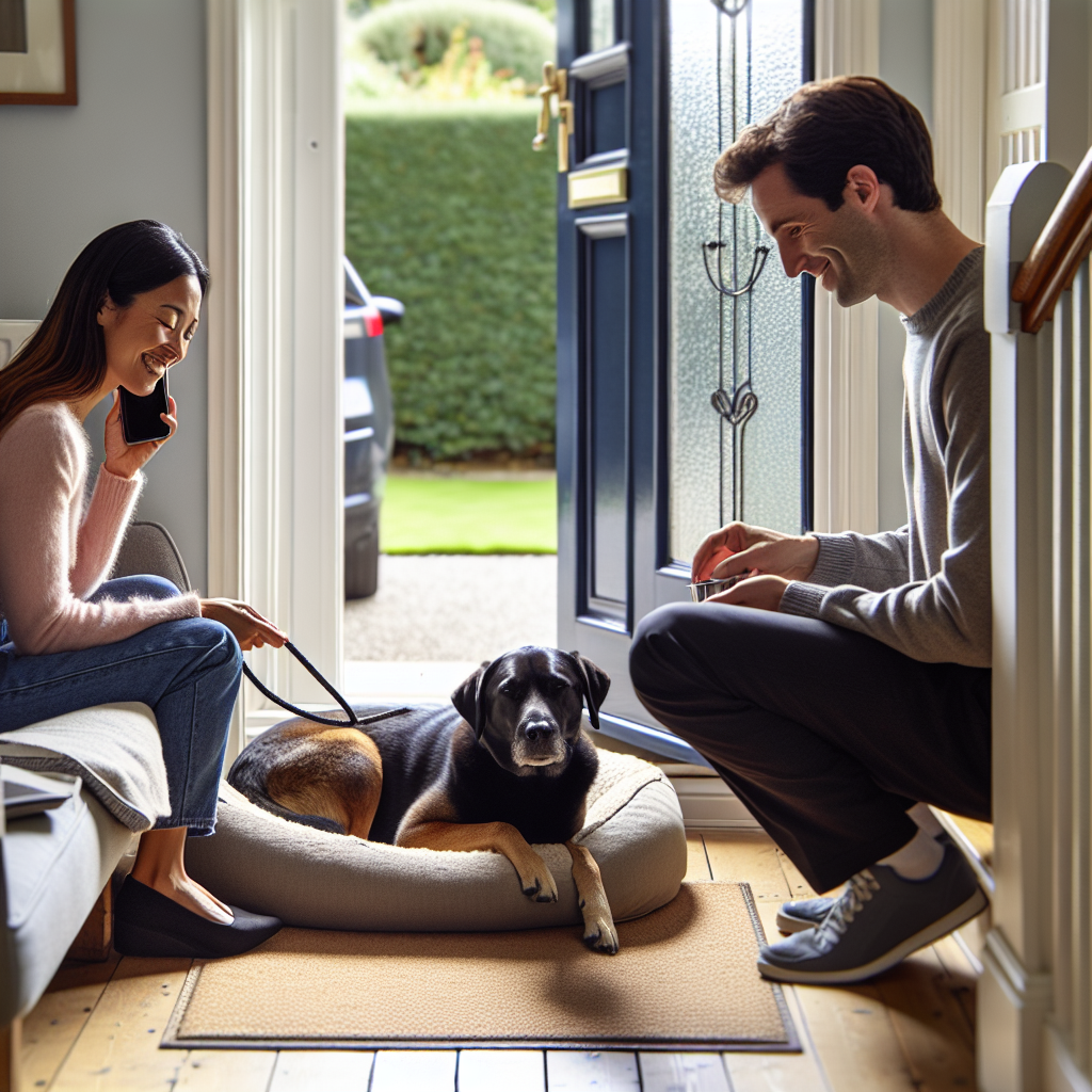 Trainer rehearsing doorbell calm with a dog on a bed away from a UK front door