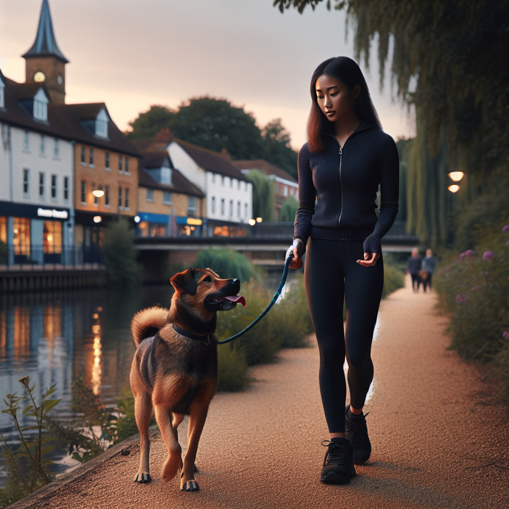 Smart trainer practising loose lead walking with a focused dog on a riverside path in Maidenhead