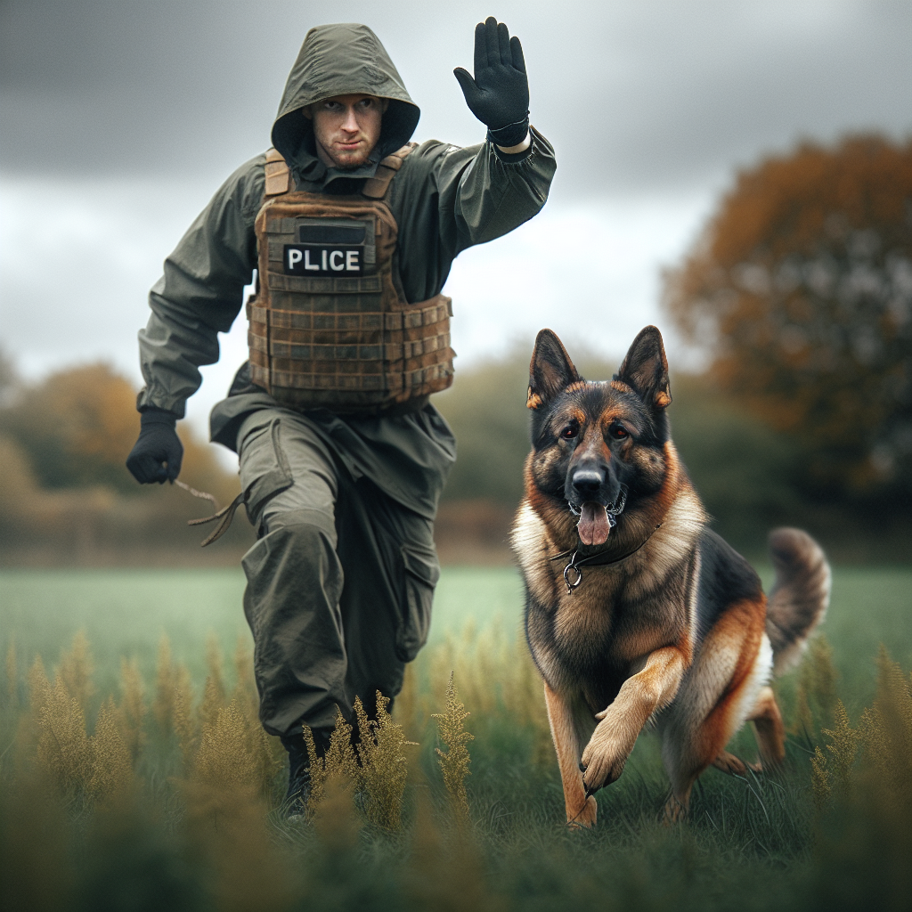 IGP helper uses a clear open hand signal while a German Shepherd approaches in control on a UK field