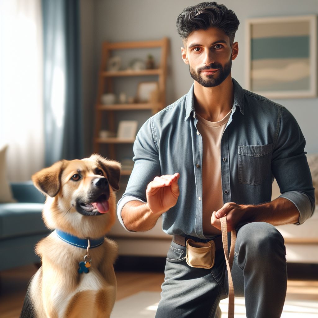 UK trainer coaching a mixed-breed dog through calm focus work in a living room