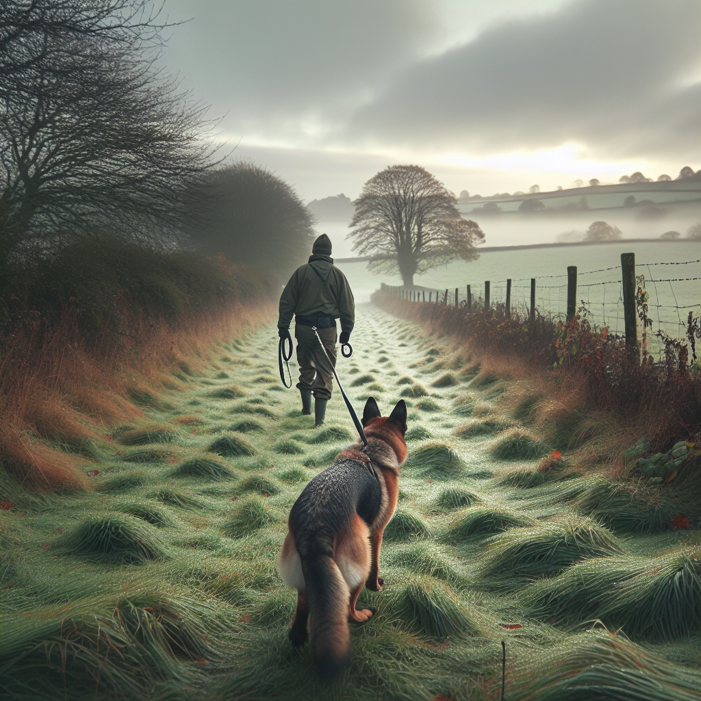 German Shepherd and trainer working a precise ninety degree tracking turn on damp UK grass at dawn