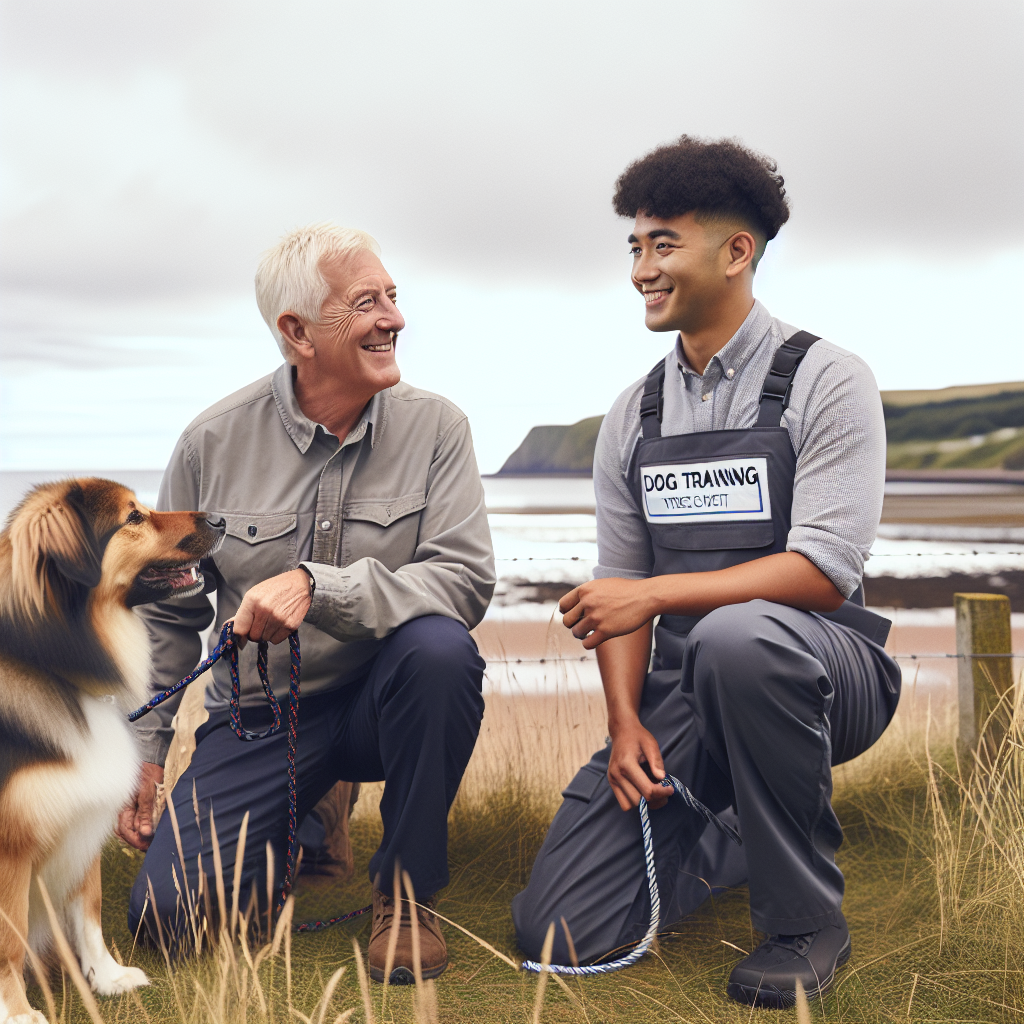Trainer coaching a dog on lead skills and recall near coastal paths in Ayr