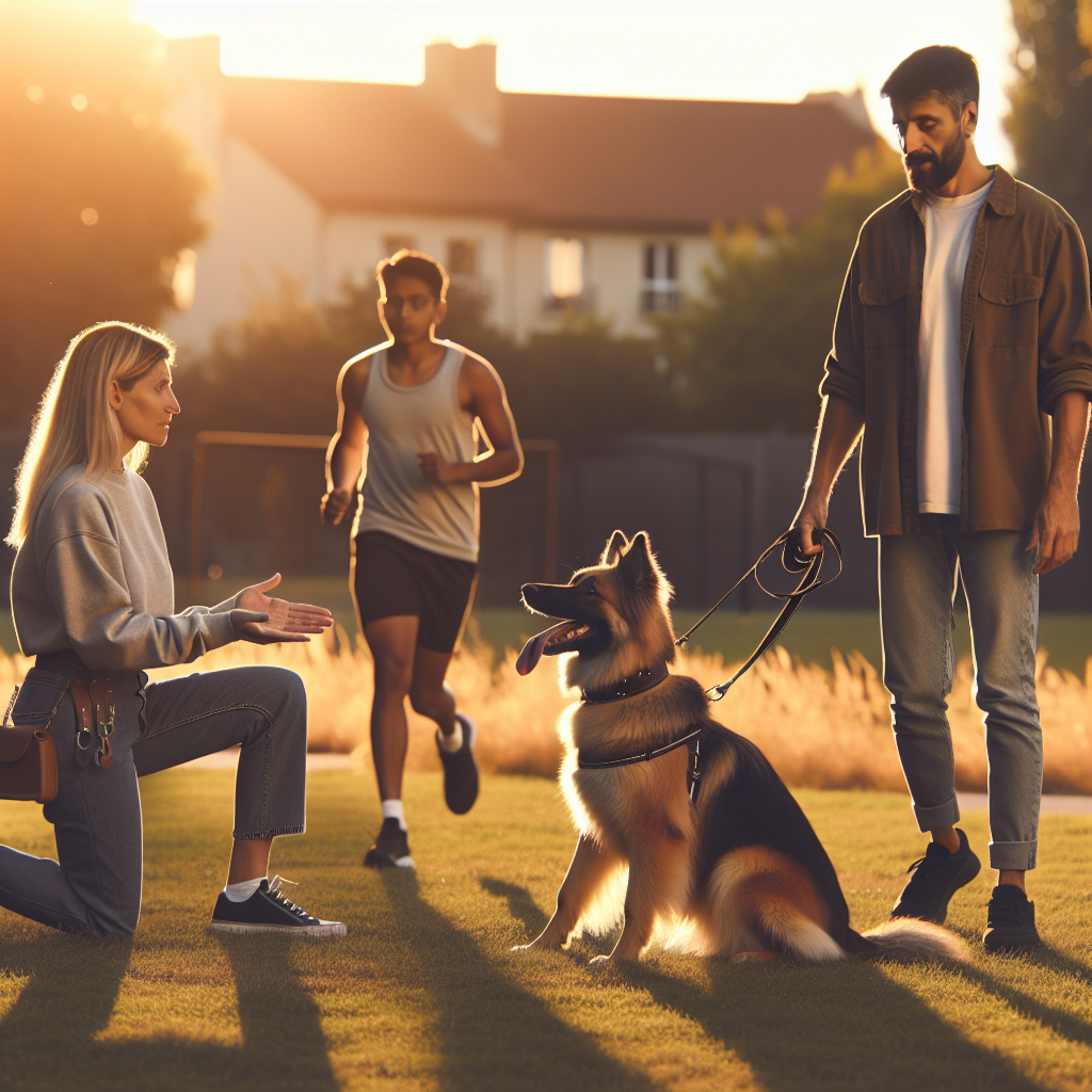 Trainer demonstrating safe conflict layering with a dog holding a down stay as a jogger passes in a UK park