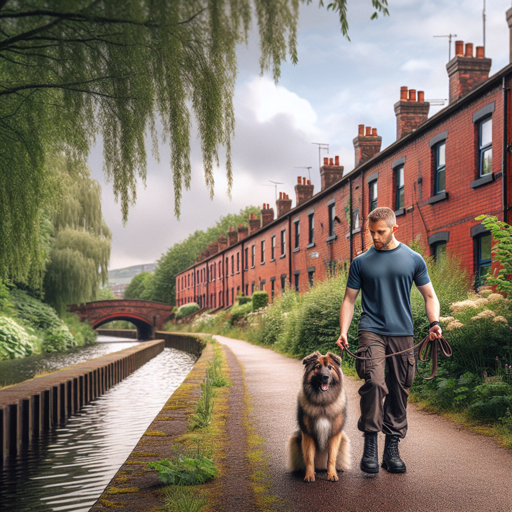 Trainer practising loose lead walking with a mixed breed dog on a canal path in Wigan