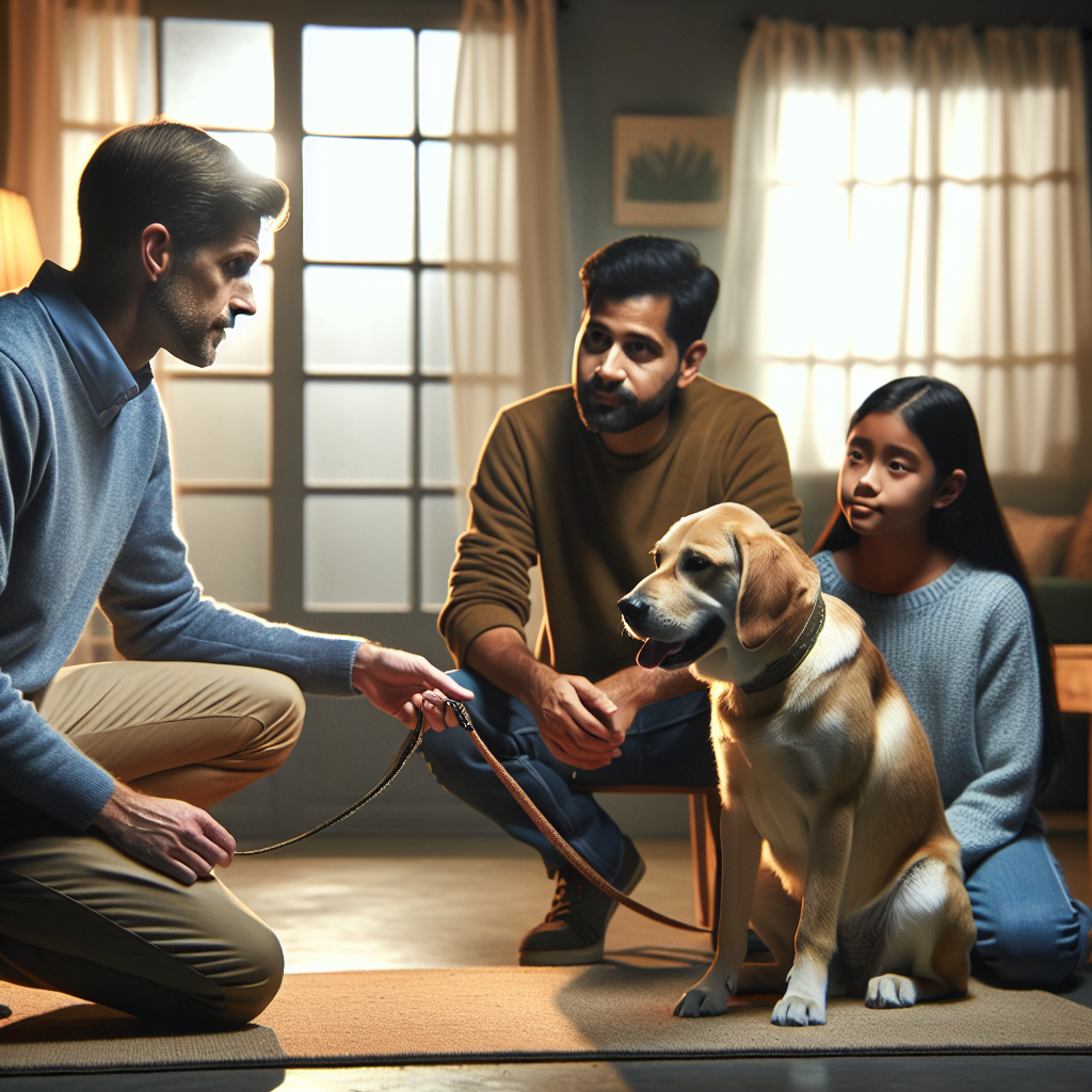 SMDT guiding a family as their dog settles on a mat during a calm recovery routine after a doorbell trigger